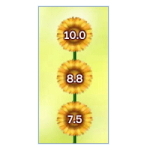 Tre tusenfrydblomster på en stilk. På blomstene står det 10.0, 8.8 og 7.5 (fra toppen ned).